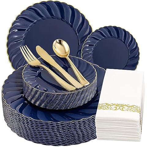 YOUBET 150PCS Blue Plastic Plates - Gold Plastic Silverware - Heavy Duty Navy Blue Disposable Plates include 50 Plates, 25 Forks, 25 Knives, 25 Spoons, 25 Napkins- Ideal for Wedding Birthday & Parties Cover