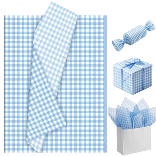 woric 80 Sheets Gingham Tissue Paper for Gift Bags Light Blue and White Checkered Tissue Paper Bulk for Gift Wrapping Art DIY Crafts Baby Shower Boy Birthday Wedding Decor 14 x 20 Inch
