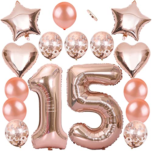 Ceqiny Mylar ballon 101,6 cm, 15e cijfer, 45 cm, met sterren en hartjes, latexballon met pailletten, voor verjaardagsfeest, bruiloft, bruidsfeest, fotoshoot, jubileumdecoratie, roségoud, 15 ballonkit