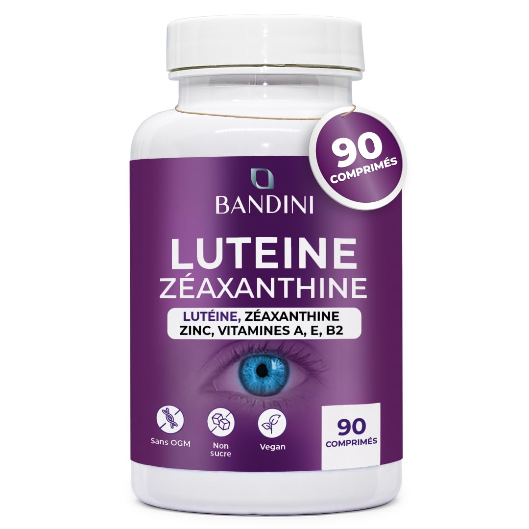 Bandini® Lutéine et Zéaxanthine à Haute Dose, Complément Antioxydant pour les Yeux avec Myrtille et Vigne Rouge, Zinc, Vitamines A, B2 et E – Soutien Naturel de la Vision – 90 Comprimés