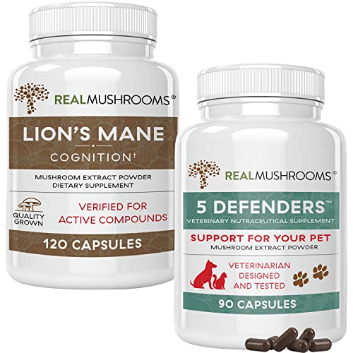 Real Mushrooms Lions Mane For Humans (120Ct) & 5 Defenders For Pets (90Ct) - Capsules Bundle - Cognitive Support & Immune Strength - Vegan, Non-Gmo, Organic, Gluten-Free #TOP26