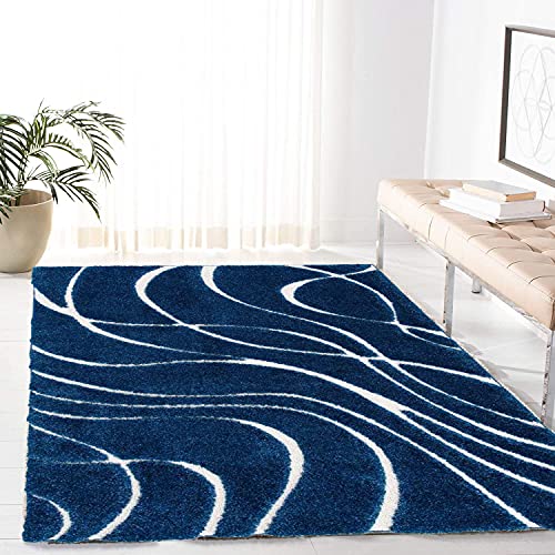 Image of Geometric Wave Shaggy Rectangular Carpet For Living Room,Bedroom,High Low Design Finish Microfiber 1.8 Inch Pile High,5X7 Feet Navy|Ivory Color