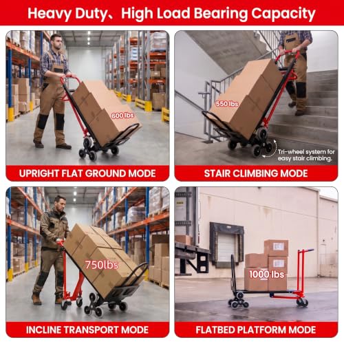 Image of 4-in-1 Hand Trucks Dolly 1000 LBS Stair Climbing Cart, Heavy Duty Industrial Convertible Utility Cart Converts from Hand Trucks Dolly to Platform Cart Folding Stair Climbing Cart (Red)