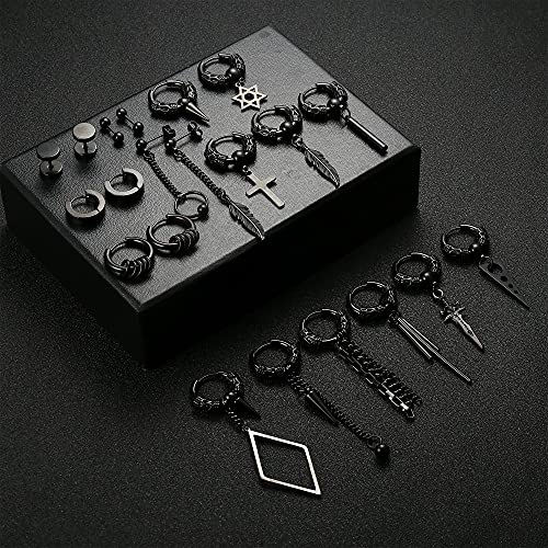 Fiasaso 21Pcs Cross Dangle Earring Set For Men Women Stainless Steel Jewelry Feather Cross Chain Dangle Earrings Stud Blcak, Sliver #TOP1