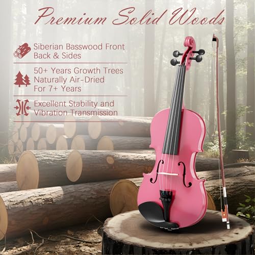 Image of 4 /4 Full Size Beginner Violin, Acoustic Fiddle Set for Adults, Teens, and Students (Age 12+), with Case, Bow, Bridge, and Rosin (Pink)