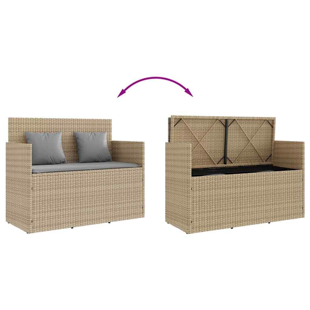 SYDE Banco de Jardín Ratán Sintético Beige con Cojín | Almacenamiento bajo asiento, Bolsa Impermeable, Resorte de Gas, Funda Lavable, Máx 110 kg