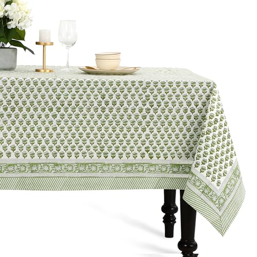 CPC Tablecloth 100% Cotton 70x118 Inch Indian Block Print Rectangle Table Cover, Table Cloth for Weddings, Spring/Summer, Barbeque - Emerald Green