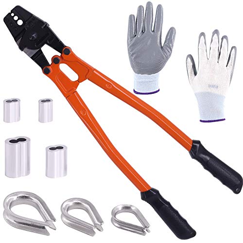 Rustark 132 Pcs Crimping Loop Sleeve Kit Includes 14" Wire Rope Crimping Tool, 4 Sizes Aluminum Double Barrel Ferrule, 3 Size Cable thimbles and Cut-proof Gloves