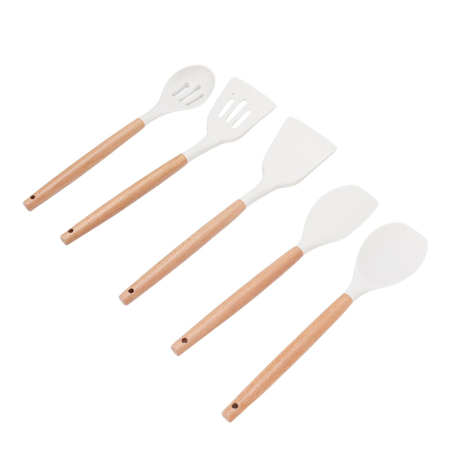 Bewinner Ensemble d'ustensiles de Cuisine en Silicone avec Support, Poignées en Bois et Conception Résistante à la Chaleur, Comprenant un Tourneur, une Spatule, une Cuillère et un Fouet pour