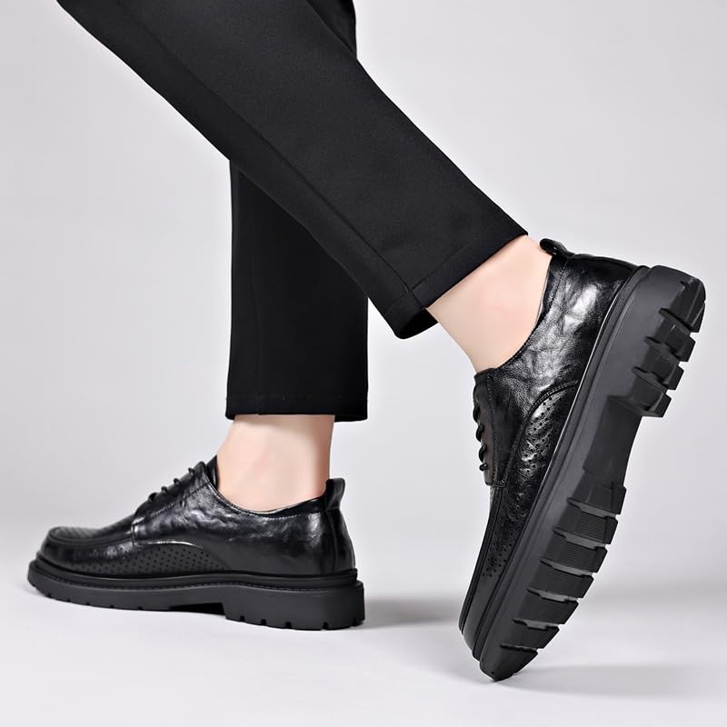 Men's Genuine Leather Platform Slip-On Oxfords Formal Pointed Toe Lace Up Casual Business Suit Tuxedo Shoes Mid Chunky Heels Formal Dress Loafers Low Top Work Dress Shoes(Black,8.5)3