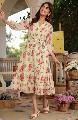 Image of Janasya Women's Georgette Floral Printed Tiered Dress