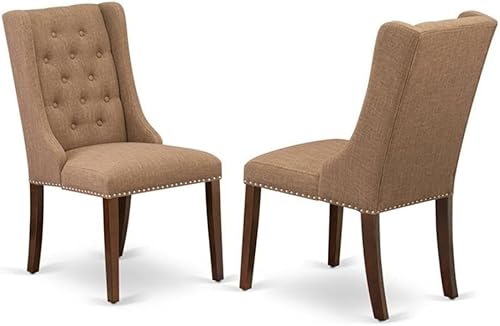 East West Furniture FOP3T47 Forney Parsons - Juego de 2 sillas de comedor tapizadas de tela de lino color sable con botones copetudos, color caoba