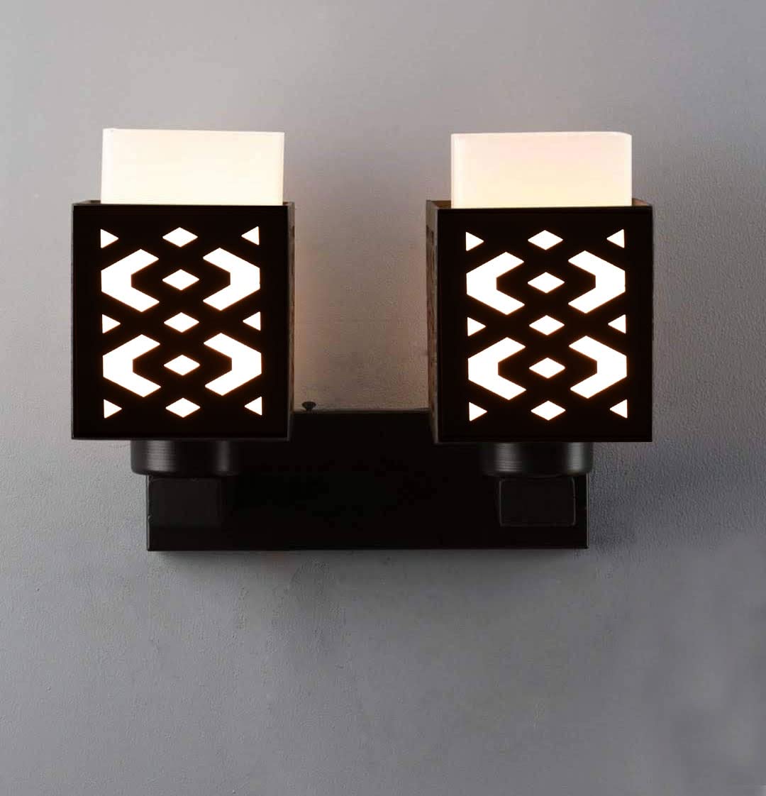 Bloomer Wooden Double Wall Light Or Two Shade Wall Lamp for Bedroom, Living Room, Restaurant, Cafe, Office (Black) A29