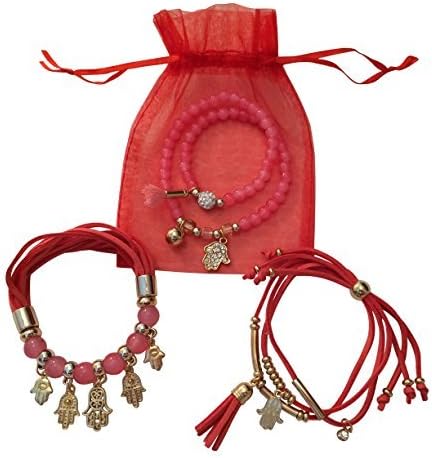OMBEADS Hamsa Fatima Hand Bracelet, Set of 3, Red - Evil Eye Charm - Kabbalah Jewelry Spiritual Gifts