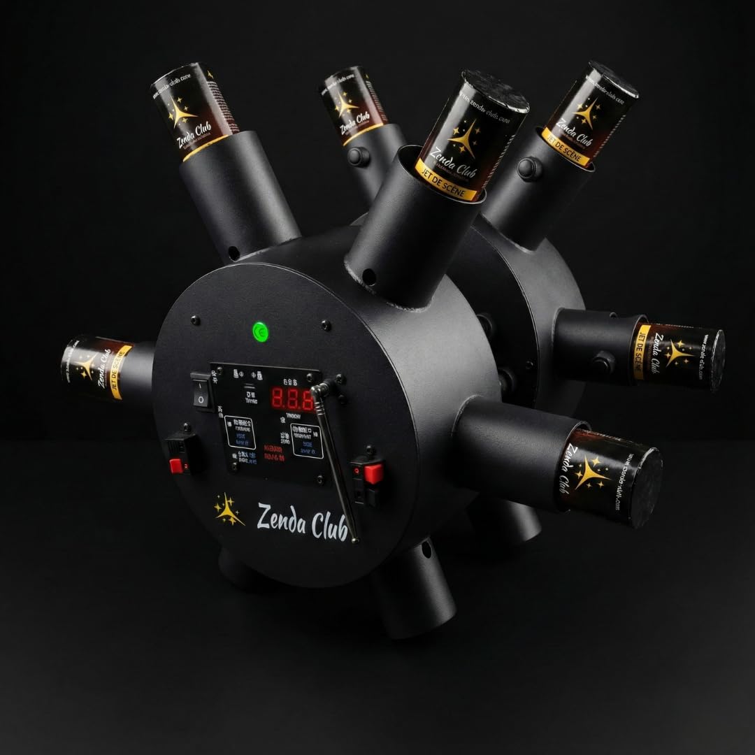 Zenda Club® Double Wheels Fire 2 – Système Rotatif pour Jets de Scène – 3 Modes de Rotation – Jusqu’à 12 Jets – Batterie Intégrée ou 4 Piles AA – Afficheur Digital de Voltage