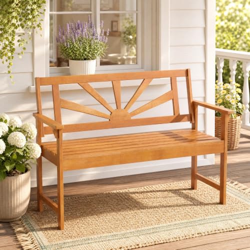 Image of Giantex Outdoor Wooden Bench, 2-Person Patio Garden Loveseat | Patio Bench with Armrests and Backrest, Acacia Wood Garden Bench Seating for Backyard, Front Porch and Park, 800 lbs Max Load