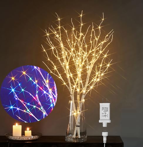 LITBLOOM Lighted Birch Twig Branches Plug in with 8 Function150 Multi Color and Warm White Fairy...