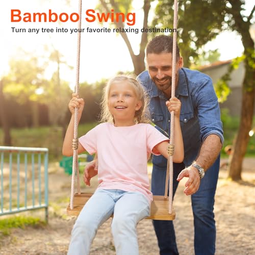 Image of Bamboo Tree Swing Seat for Adults & Kids, 440LB Capacity and 77 inch Tree Straps, Indoor /Outdoor Swing Set for Backyard, Garden, Porch, Patio（Children's Swings）