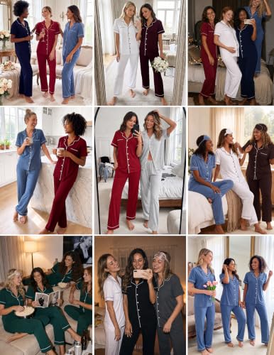 Image of HNG Women Pajamas Set 2 Piece Button Up Pajamas Pant and Short Sleeve Shirt for Woman Pj Sets with Pocket