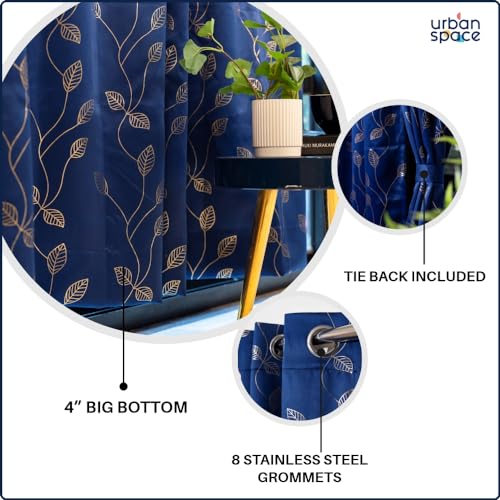 Image of Urban Space 80-85% True Blackout Curtains for Door, Gold Foil Printed Blackout Curtains, Blackout Decorative Door Curtain Eyelet with Tieback, 1 Piece Curtain for Living Room(Leaf Navy Blue, 8 Feet)