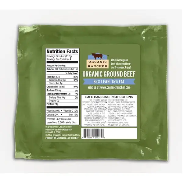 Organic Rancher, Organic Ground Beef 85% Lean/15% Fat, 100% Grass Fed & Grass Finished, USDA Organic, Pasture Raised Free Range, 1 lb 2