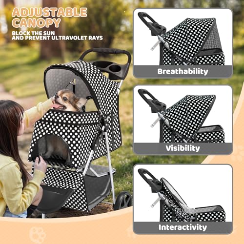 Image of Magshion 3-Wheel Pet Stroller, Foldable Travel Jogger for Small & Medium Dogs & Cats (Up to 33lbs), Lightweight Carrier with Breathable Mesh Cover, Cup Holder & Storage Basket, Black Polka Dots