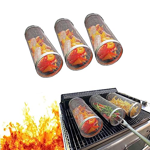 [3 Pcs] 2023 New Stainless Steel Barbecue Cooking Grill Baskets For Outdoor Grill - Grill Grate - Outdoor Round Bbq Stainless Steel Grill Basket Campfire Grill Grid - Camping Picnic Cookware #TOP3