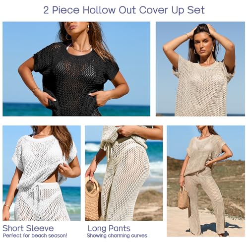 Famulily Womens 2 Piece Hollow Out Cover Up Set Crochet Knitted Outfits with Short Sleeve Tops and Long Pants3