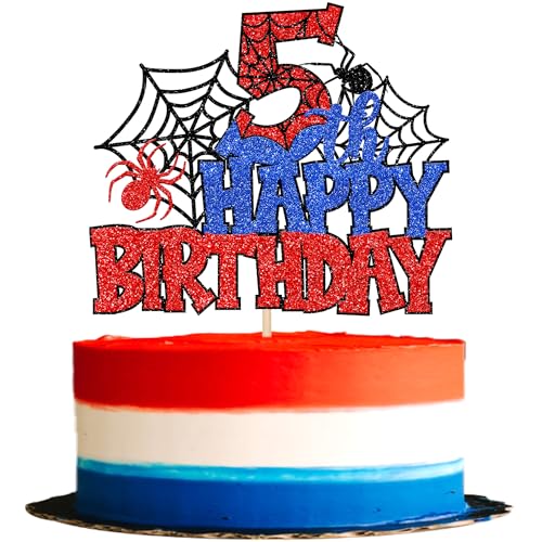 SYKYCTCY 1 Pack Spider Happy 5th Birthday Cake Topper Glitter Spooky Party Cake Picks for Spider Theme 5th Birthday Baby Shower Boys Girls Kids Party Supplies