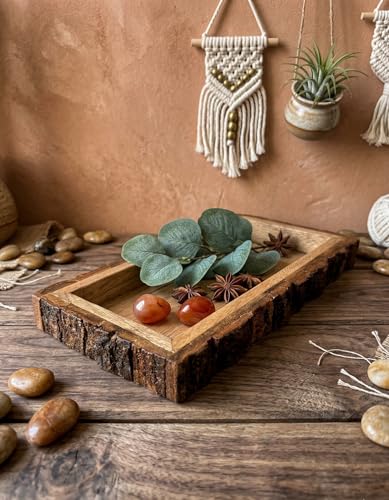 Image of Rustic Wooden Serving Tray with Natural Bark Edges | Handmade Solid Wood Tray | Multipurpose Snack, Tea & Decor Tray | Natural Brown Finish