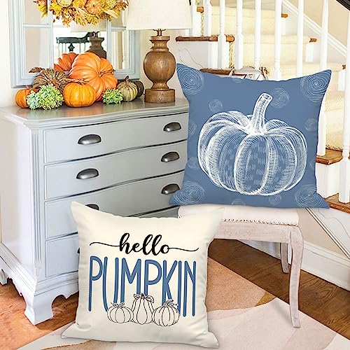 Ywlake Blue 18x18 Throw Fall Pillow Covers Set of 4, Maple Leaf Pumpkin Decorative Holiday 18 x 18 Autumn Cushion Covers Thanksgiving Pillow Case for Indoor Home Bedroom Couch Sofa Decor - Image 3