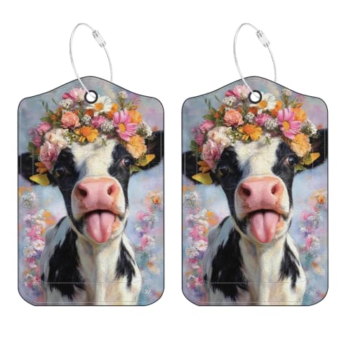Image of Flower Crown Cow Luggage Tags 2 Pack, PU Leather Privacy Flap