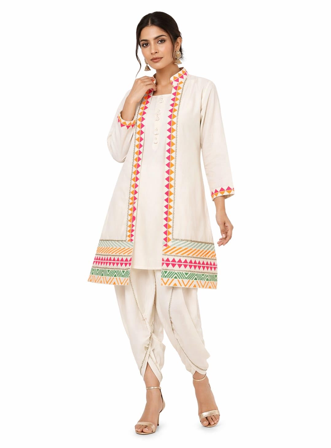 Women's Pure Cotton Tunic with Jacket and Tulip Pants, Off-White, Geometric Embroidered, 3-Piece Set (Size L)-picture-32