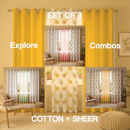 Image of Urban Space Printed 100% Cotton Curtain for Window, Cotton & Sheer Combo Set of 3 Curtains 5 Feet Long, Tieback & Eyelets Included with Curtains for Room Darkening (Drops Mustard Sheer & Aura Yellow)