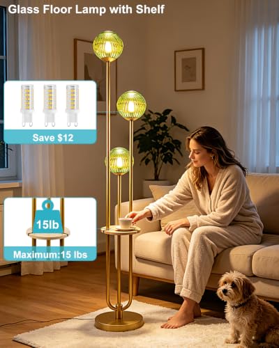 Image of Lightdot Green Glass Floor Lamp with Shelf 63IN Dimmable Mid Century Modern Gold Standing Lamps 3000K Bulbs Included Globe Floor Lamp with 5Lbs Heavy Base for Living Room /Wedding /Sofa Beside /Corner