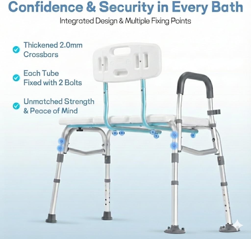 500lb Heavy Duty Shower Bench, Tool-Free Tub Transfer Bench with Arms & Back, Height Adjustable Handicap Shower Seat, Non-Slip Bath Safety Chair for Elderly & Surgery Recovery