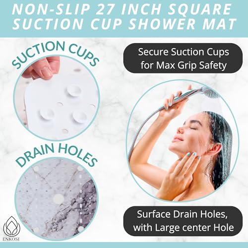 Image of ENKOSI Square Shower Mat 27x27 inch - Anti Slip Shower Stall Floor Mat - Non Slip Shower Mats with Strong Secure Suction Cups and Drain Holes in Middle (27x27 Marble Grey)