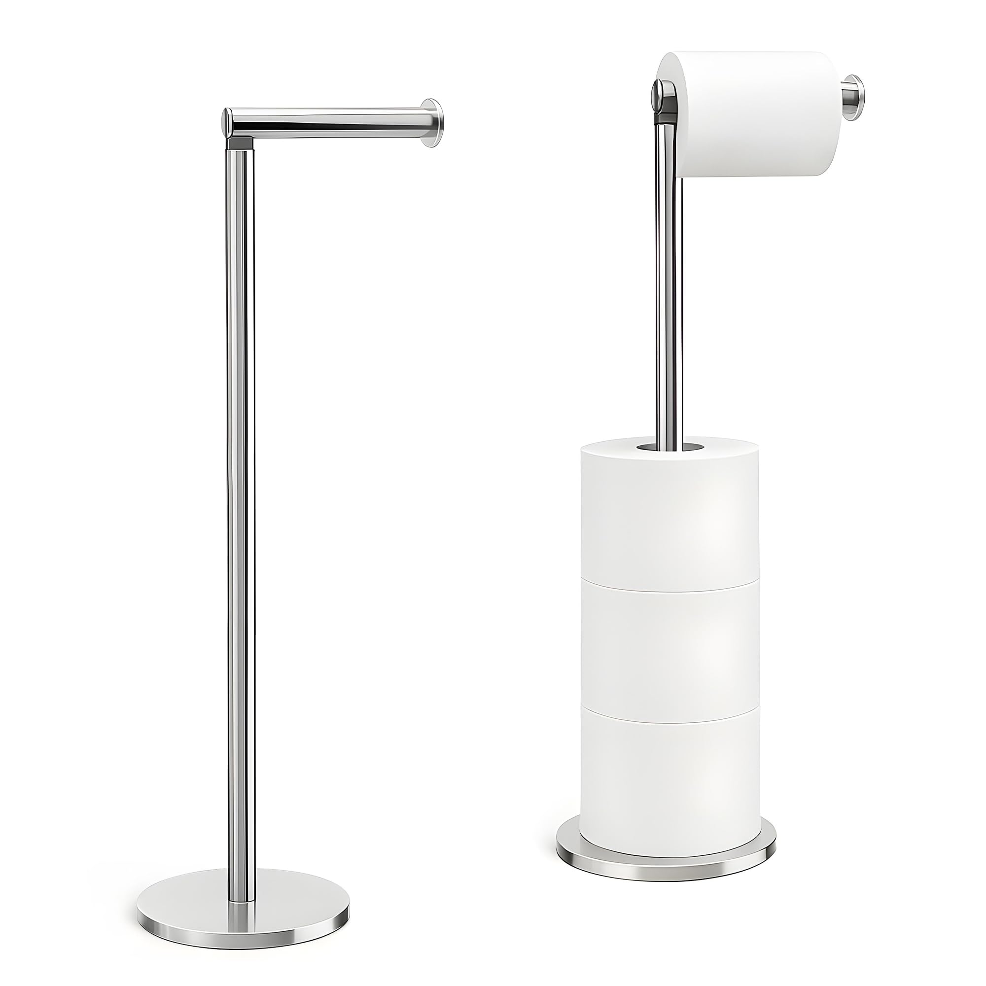 FB FunkyBuys Black Freestanding Toilet Roll Holder – Durable Stainless Steel, 2-in-1 Toilet Paper Holder, Holds 1 Roll & Stores 3, Anti-Slip Base for Stability (Chrome)
