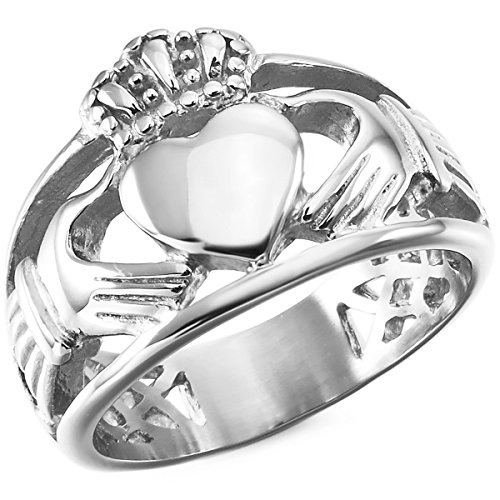 MunkiMix Acero Inoxidable Anillo Ring Plata Tono Nudo Celta Irlandesa Amistad Amor Claddagh irlandés Corazón Heart Real Rey Corona Talla Tamaño 20 Hombre