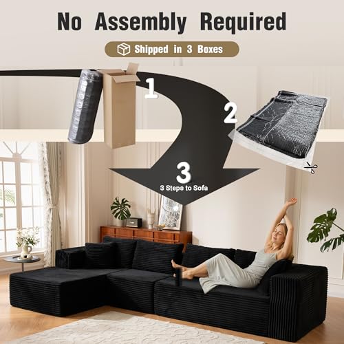 Image of 140 inch Oversized No Assembly Compression Boneless Cloud Sectional Couches for Living Room, L-Shape Comfy Fluffy Sleeper Sofa Bed, Modular Corduroy Reclining Memory Foam Furniture for Bedroom Home Black
