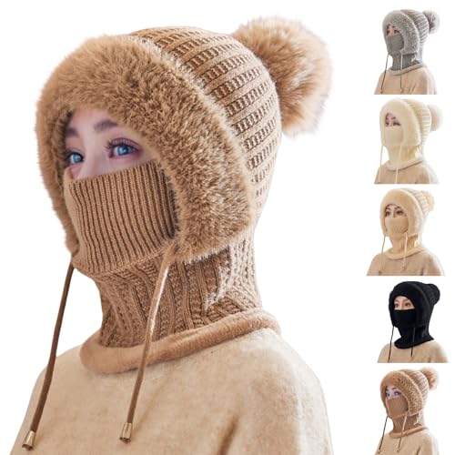 Damen Wintermütze Balaclava Damen 3 in 1 Beanie Mütze Warm Strickmütze & Halswärmer Sets Multifunktional Verstellbar Gesichtsmaske für Täglich und im Freien Wintermütze Mütze Winter Cashmere