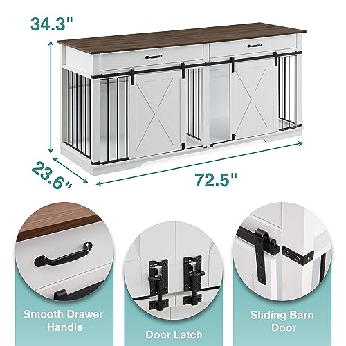 EDYO LIVING 72.5\" Large Dog Crate Furniture for 2 Dogs, Wooden Dog Kennel with Drawers, Divider, Sliding Barn Door, Water Resistant Indoor Furniture Style Double Dog Crates, White