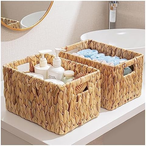 ELONG HOME Water Hyacinth Wicker Baskets, Rectangular 12" Wicker Basket 2 Pack, Wicker Basket for Shelves, Woven Storage Baskets with Handles Cover