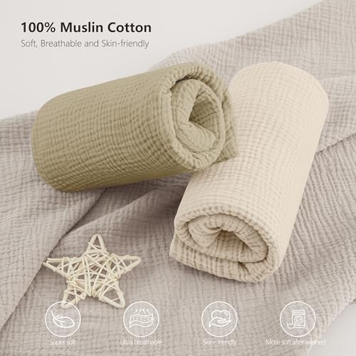 Image of Bearmoss Muslin Crib Sheets 100% Cotton Baby Crib Sheets Fitted for Standard Crib Mattress & Toddler Bed Mattress 52 inchx28 inch Soft Breathable Crib Sheet Neutral for Boys Girls - 2 Pack (Oat Latte)