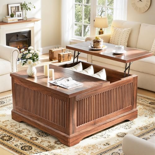 Memobarco Lift Top Coffee Table with Storage, Fluted Coffee Tables with Lifting Top, Modern Farmhouse Square Center Table for Living Room, Home Office, with Hidden Compartment, Flip-Up Lids, Walnut
