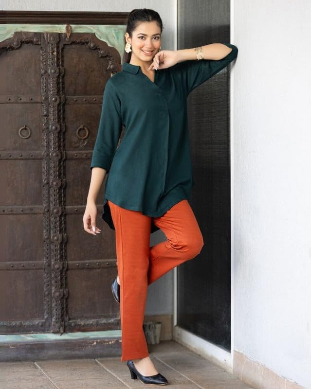 Image of Mlada Rayon Flare Top for Women | 3 /4th Sleeve Regular Fit and Flare Top | Women Office Tops Tunic | Western Long Shirt Top for Women | Shirt Collar Top for Women | Rayon Tunic Tops for Women Western