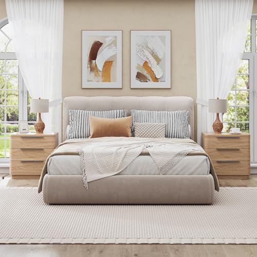 Image of Nightstands Set of 2, Bedside Table with 3 Storage Drawers, 24 inch Tall Wood Night Stand with Charging Station, Modern Wide End Table Side Table W /Metal Handle Curved Profile for Bedroom