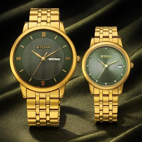 Image of Titan Bandhan Eternal Pair Analog with Date and Green Dial Yellow Gold Stainless Steel Strap Watch for Couples - 19672967YM01