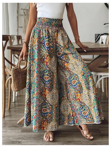 Women's Boho Paisley Print High Elastic Waist Loose Wide Leg Pants Vacation Holiday Palazzo Trousers3