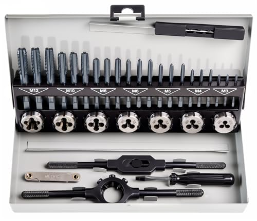 Image of toolant Professional Tap and Die Set, HSS Nitrided Taps with 3-Piece Progressive Design for Blind Holes, Heavy-Duty Metric Threading Tool Kit for Mechanics, Engine Block & Mold Repair